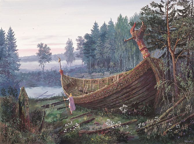 Древняя ладья на волоке — живопись