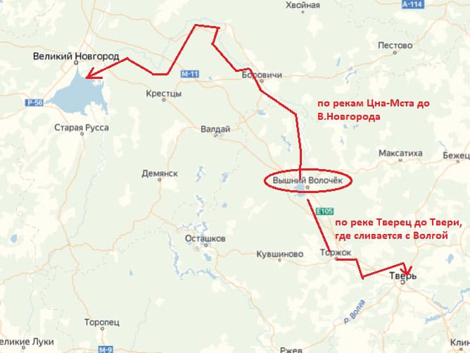 Карта водного пути из Твери через Вышний Волочёк в Великий Новгород