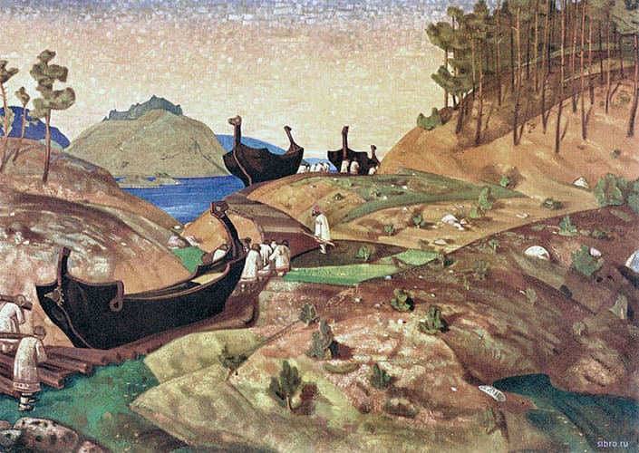 Перетаскивание ладей через волок — картина Н. Рериха