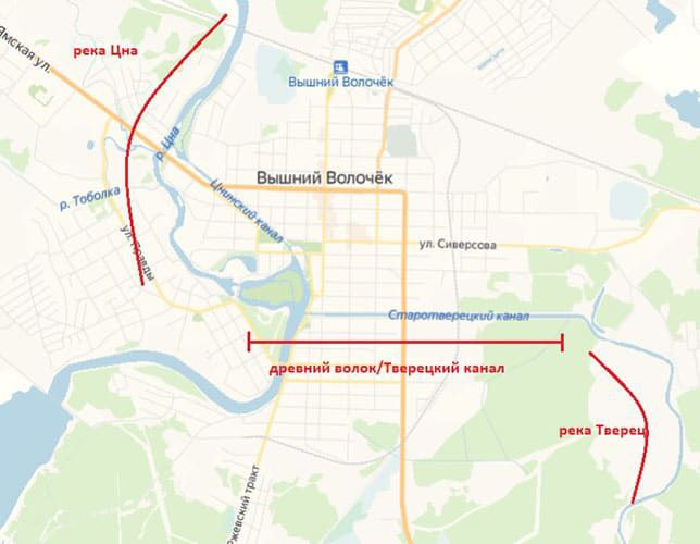 Карта города: реки Цна и Тверец, древний волок и Тверецкий канал